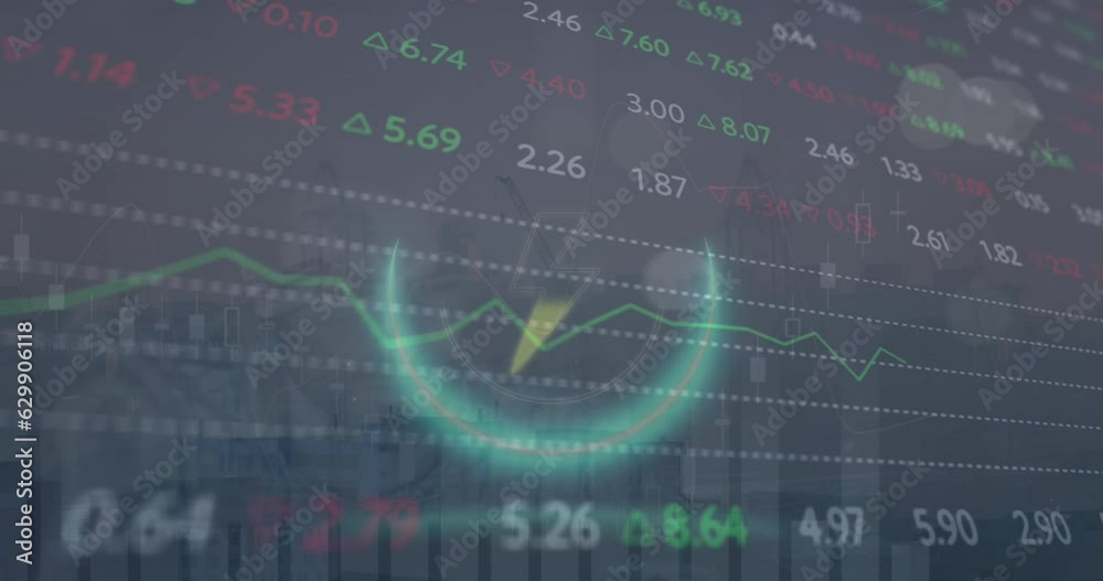 Sticker Animation of thunder symbol in circle over graphs, trading board and modern city against sky