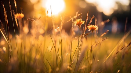 Field of wildflowers with blurred background. Generative AI - obrazy, fototapety, plakaty