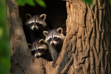 Three young raccoons scrambling over each other. Ai generative.