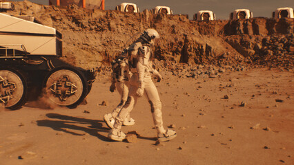 Two astronauts in spacesuits walk toward research station, colony or scientific base on Mars. AI...