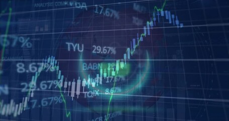 Animation of padlock in circle over trading board and graphs against globe in background - Powered by Adobe