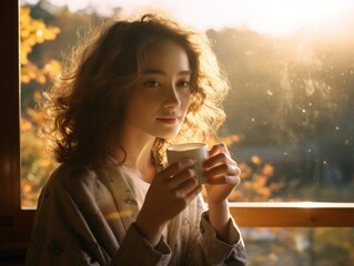 Japanese girl looks off into the distance, holding a cup of tea in Autumn