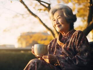 Smiling senior Japanese woman looks off into the distance, holding a cup of tea in Autumn