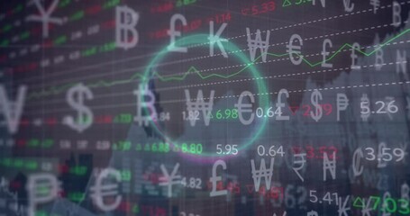 Animation of currency symbol, circle and trading board over modern building against sky - Powered by Adobe