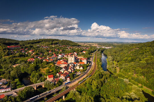 Aerial view of the church in Bardo captured on a summer afternoon. Landscapes and attractions of Lower Silesia.