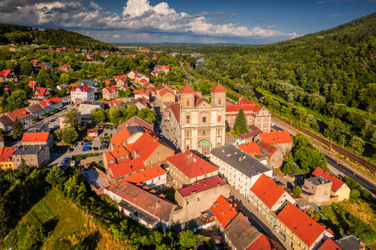 Aerial view of the church in Bardo captured on a summer afternoon. Landscapes and attractions of Lower Silesia.