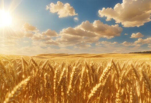 Golden wheat field againt sunny day, nature landscape background