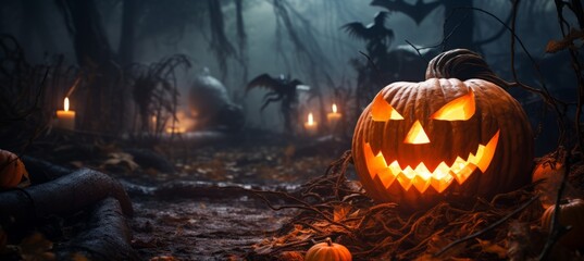Halloween scary pumpkin on the graveyard background. Smile face Jack O Lantern. Generative AI technology.
