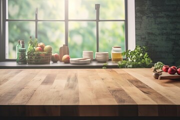 a wooden tabletop is empty, and the background is a blurry kitchen window area. Generative AI