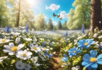 Fototapeta premium Forest glade with lots of white and blue spring flowers and butterflies on a sunny day