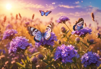 Beautiful summer sunset background with blooming wild lovanda flowers and flying butterflies in a sunny meadow
