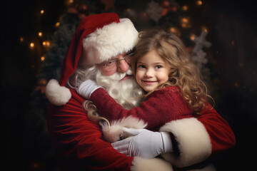 Fototapeta na wymiar Cute little girl hugging Santa Claus