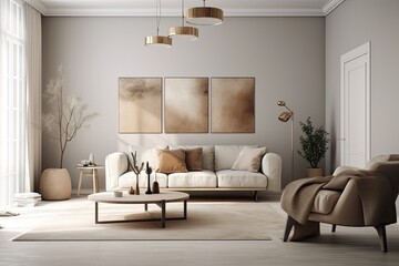a sizable living area with armchairs, a sectional sofa, and cushions. Beige and white interior design hues are very on trend for 2022. Mockup of an empty wall. Stylish modern luxury. Generative AI