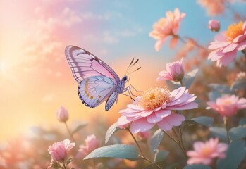 Beautiful natural pastel background. Butterfly and flower against on a background of sunrise