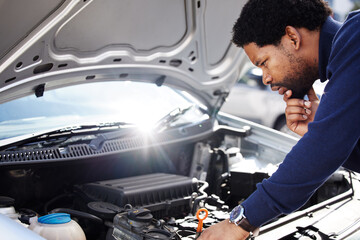 Black man, car breakdown and confused with engine problem in road with doubt, auto repair service...