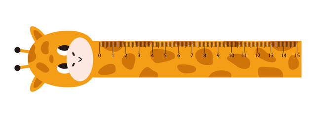 Vector cute measuring ruler. Kawaii school ruler with giraffe smiling face. Measuring tool with baby giraffe head. Student ruler with funny animal. Centimeter scales. © Ulyana Mo