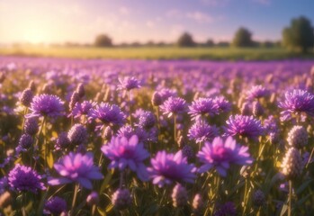Fototapeta premium Beautiful field meadow flowers purple in morning sunny meadow, nature landscape
