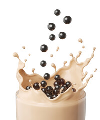 Bubble tea with Milk tea splash isolated on white background with clipping path 3d illustration.