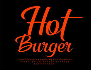 Vector advertising banner Hot Burger with set of cursive Alphabet Letters and Numbers. Red artistic Font