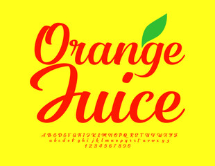 Fototapeta na wymiar Vector tasty logo Orange Juice with decorative Leaf. Bright Alphabet Letters, Numbers and Symbols set. Handwritten style Font