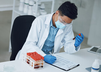 Report, blood sample or scientist writing research for medical analysis or medicine development....