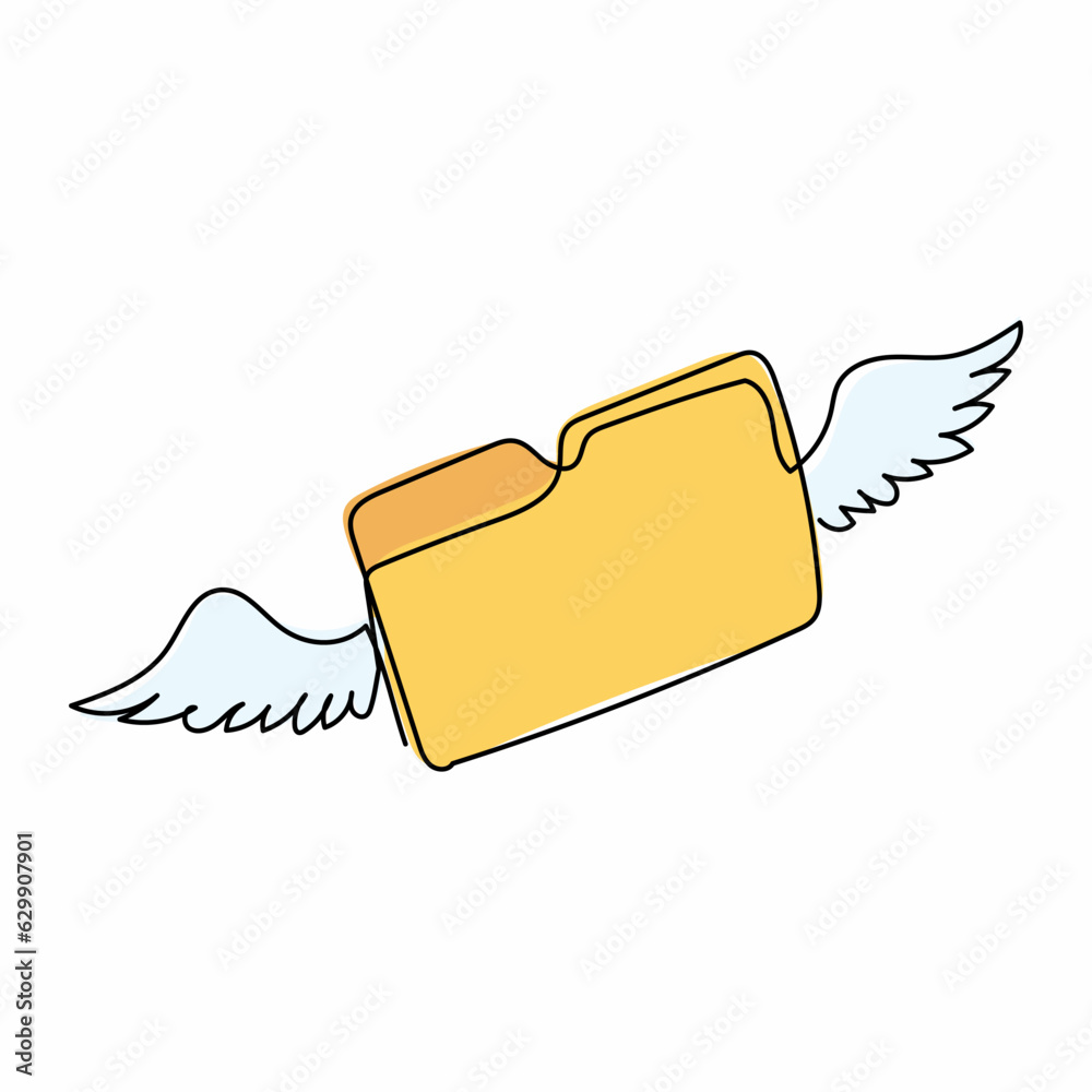 Poster single continuous line drawing flying document folder with wings. minimal design folder with files, 