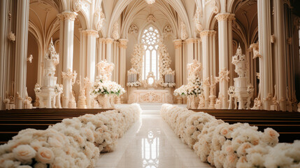 Beautiful decor of white flowers in church for a wedding ceremony