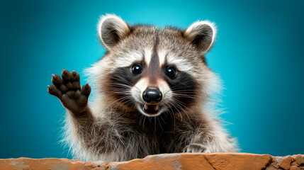 Funny raccoon waving hand - obrazy, fototapety, plakaty