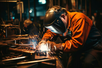 Industrial welder with protective helmet working with arc welding machine