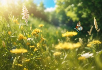 Abstract summer nature vast landscape background, Blooming wild grass and a flying butterfly in the forest at sunny day - obrazy, fototapety, plakaty