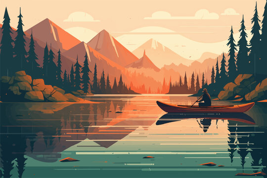 National park poster featuring a couple in a tandem kayak on a lake with mountains in the background