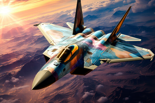 Futuristic military fighter jet on sunset sky
