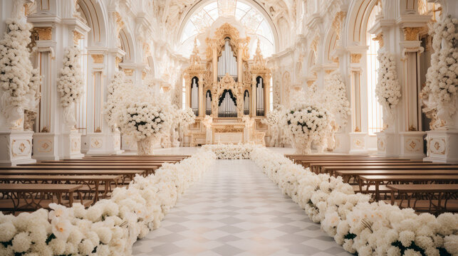 Empty church decorated with flowers for a ceremony