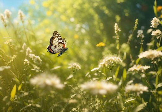 Abstract summer nature vast landscape background, Blooming wild grass and a flying butterfly in the forest at sunny day
