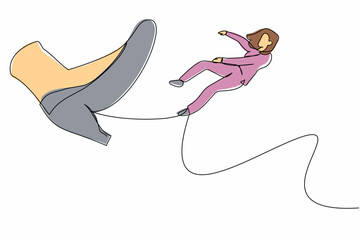 Single continuous line drawing failed businesswoman big foot kicking little women. Female employee kicked out by bigfoot, become unemployed from company. One line graphic design vector illustration