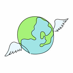 Single continuous line drawing flying globe with wings. World travel wings and globe emblem logo. Inspiration and encouragement concept. Dynamic one line draw graphic design vector illustration