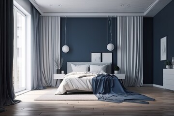 A white bed, a bedside table with a light, a panoramic window with dark blue drapes, and a gray...