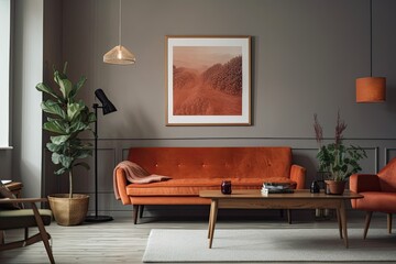 Amazing interior design for a living room featuring a retro styled sofa, a wooden coffee table, an industrial lamp, plants, and chic personal items. contemporary idea. Template. Generative AI