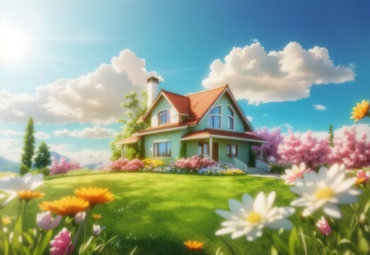 Abstract spring home in nature background with fresh grass and flowers against sunny sky