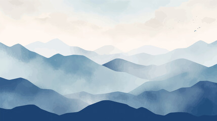 Landscape hills abstract art watercolor painting background with birds flying on mountains range, Vector landscape paintings banner for decoration design, wallpaper, illustration, fabric