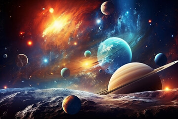 Majestic panorama of the solar system from the outer rim featuring vibrant planets against a...