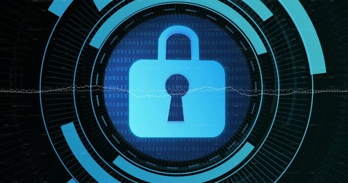 Animation of security padlock icon over round scanner against binary coding data processing