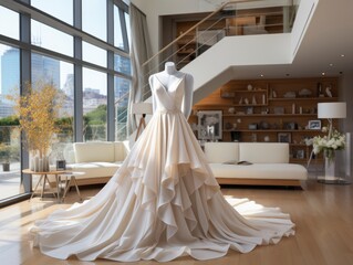 White wedding dress gown on mannequin in a modern house. Bride's morning wedding preparation concept