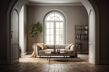 Arched doors with curtains and parquet over a wooden table top or shelf with fragrant stick bottles over a traditional living room with sofa and molded walls,. Generative AI