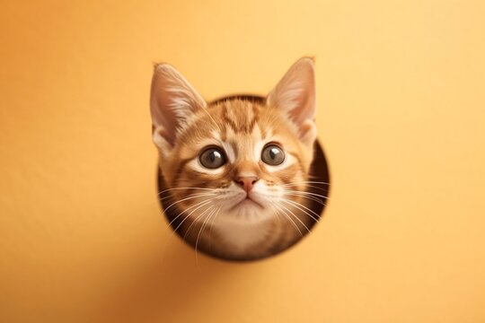 Cute kitten peeking out of round hole in yellow paper. Ginger cat on yellow background. Concept of banner with free space for veterinary clinic design. Copy space. Cat hiding.