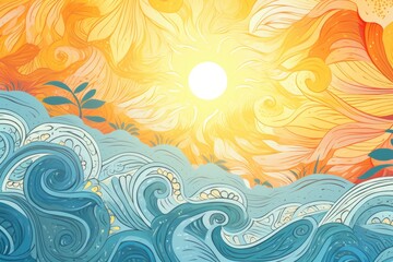 Fototapeta na wymiar Sunset landscape boho 70's style retro graphic design, blue water ocean waves with abstract vintage art illustration, orange sun color gradient, card, poster, sticker design, simple nature element