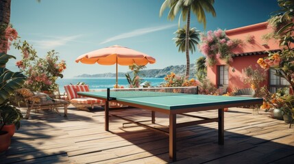 ping pong table tennis in a tropical sunny beach setting - obrazy, fototapety, plakaty
