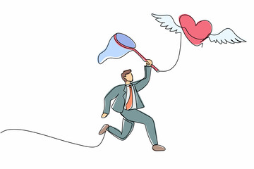 Single one line drawing businessman try to catching flying heart with butterfly net. Love, marriage, wedding, romance, relationship concept. Modern continuous line design graphic vector illustration