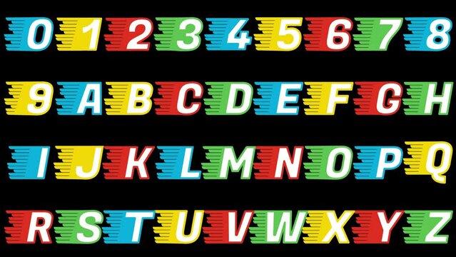 Speed effect numbers and letters animation on alpha channel background. Animated fast design alphabet typeface 4k video. Italic colorful font style. Isolated backdrop.