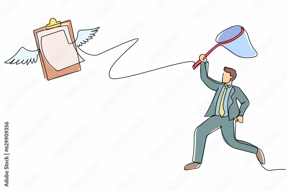 Poster single continuous line drawing businessman try to catching flying clipboard with butterfly net. appr
